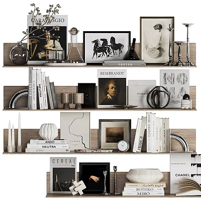 Stylish Decorative Ornament Set With Framed Art Books Sculptures And Candles On Wooden Shelves 3d model