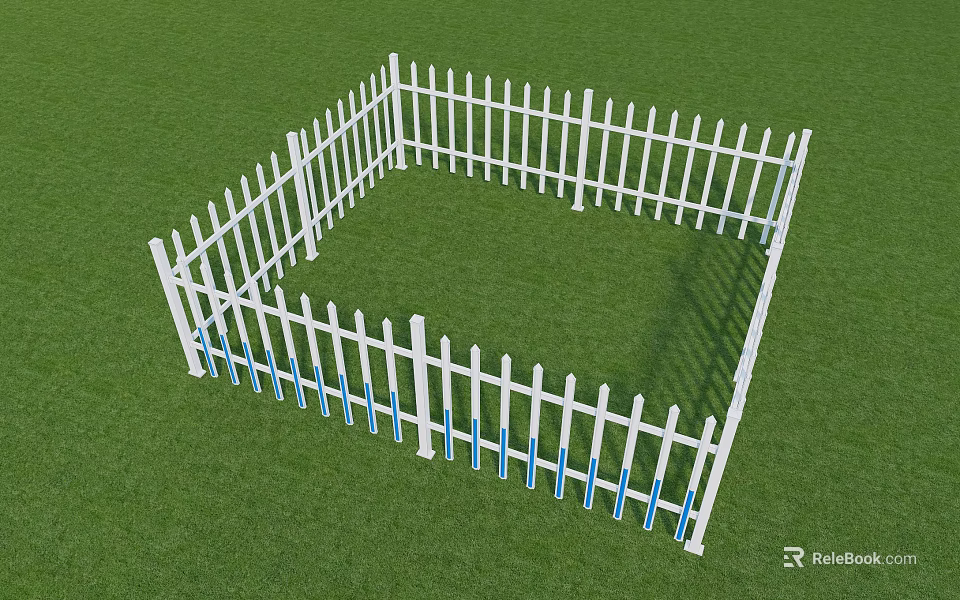 White Picket Fence Square Shaped Structure On Green Grass With Blue Accents 3d model 