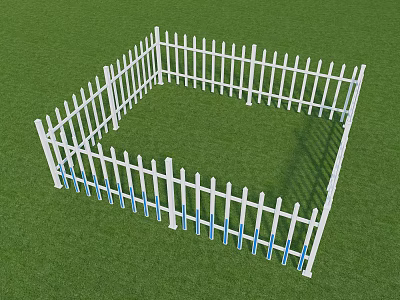 White Picket Fence Square Shaped Structure On Green Grass With Blue Accents 3d model