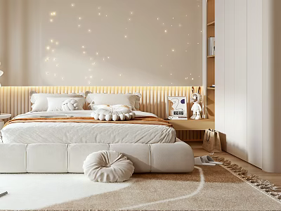 Modern Bedroom Interior Design With Starry Lights Background Wall Wooden Headboard And Soft Rugs 3d model