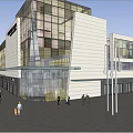 Modern Commercial Street Featuring Glass Facade Canopy Trees and Pedestrian Walkway