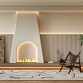 Modern White Fireplace With Flames In Living Room Striped Wallpaper Painting Brown Chair Potted Plant And Rug