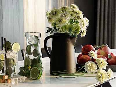 Refreshing Lemon Drink And Fresh Apples With Mint Leaves Ice Cubes And White Flowers 3d model