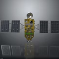 Yellow Spacecraft Model With Solar Panels Circular Antenna And Wheels On Reflective Surface 3d model