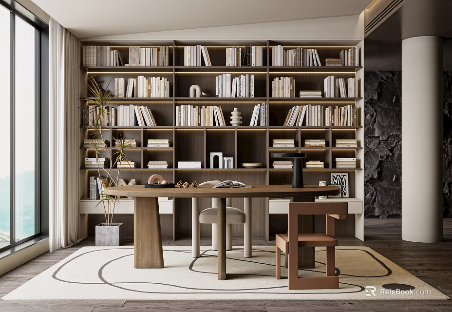 Modern Study Room Interior With Bookshelves Books Decorative Items Wooden Desk Chairs Window And Rug 3d model 