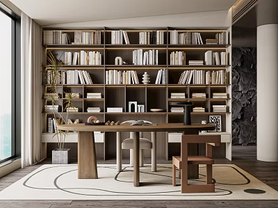 Modern Study Room Interior With Bookshelves Books Decorative Items Wooden Desk Chairs Window And Rug 3d model