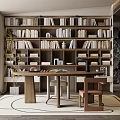 Modern Study Room Interior With Bookshelves Books Decorative Items Wooden Desk Chairs Window And Rug