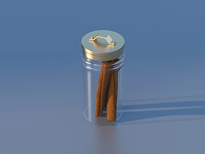 Daily Necessity Transparent Glass Jar with Gold Lid Containing Cinnamon Sticks in Blue Background 3d model