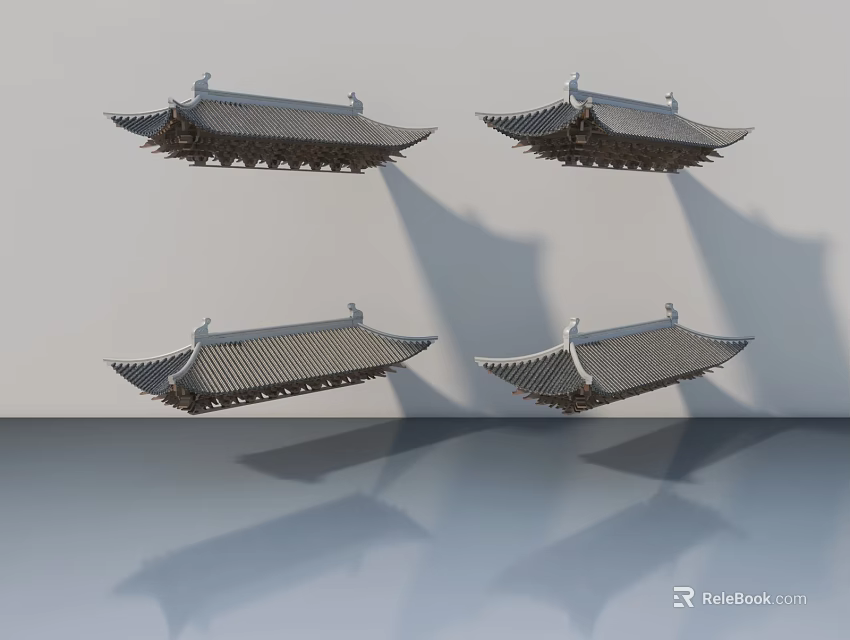 Traditional Chinese Roof Inspired Sofa And Coffee Table Set With Grey Finish Reflective Surface 3d model 