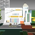Modern Elevator Corridor In White Building With Slide And Playground Area Near Trees