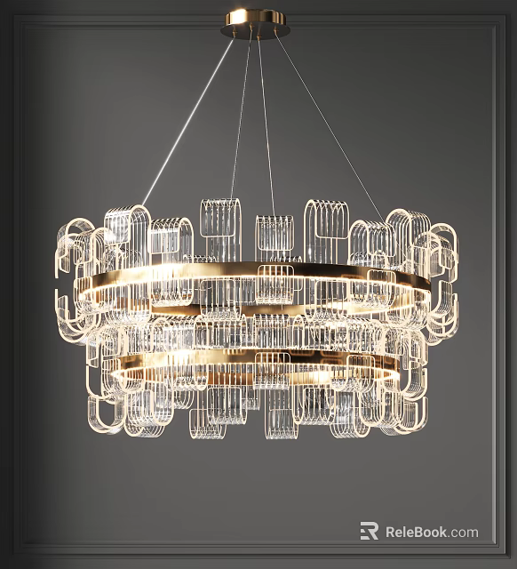 Modern Elegant Chandelier with Circular Metal Frame and Transparent Glass Layers 3d model 
