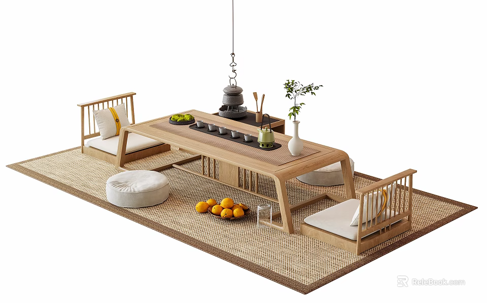 Wooden Tea Table and Chairs with Cushioned Seats Rattan Mat Tea Set Fruits and Potted Plant 3d model 