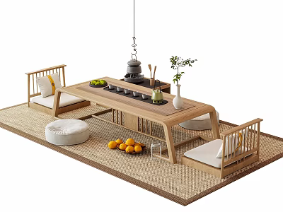 Wooden Tea Table and Chairs with Cushioned Seats Rattan Mat Tea Set Fruits and Potted Plant 3d model
