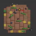 Cartoon Brick Tower Scene with Red Flag Green Grass Yellow Question Marks Characters and Coins
