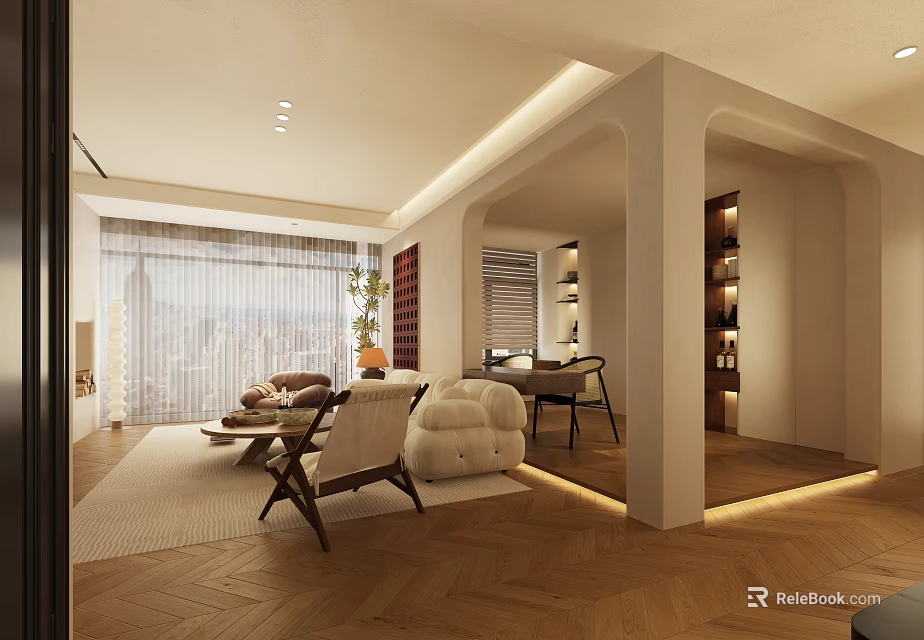 Modern Minimalist Living And Dining Room With Herringbone Flooring And Floor To Ceiling Windows 3d model 