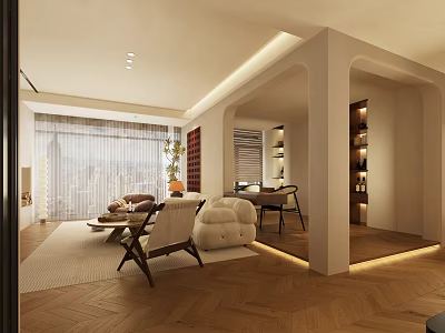 Modern Minimalist Living And Dining Room With Herringbone Flooring And Floor To Ceiling Windows 3d model