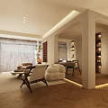 Modern Minimalist Living And Dining Room With Herringbone Flooring And Floor To Ceiling Windows