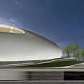Modern Garden Landscape with White Curved Architecture Glass Facade Green Spaces Water and Roads