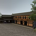 Traditional Ancient Architecture With Wooden Structure Overhanging Eaves Dark Tiled Roof And Stone Square