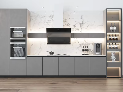 Modern Kitchen Interior Design With Gray Cabinets Marble Backsplash And Appliances 3d model