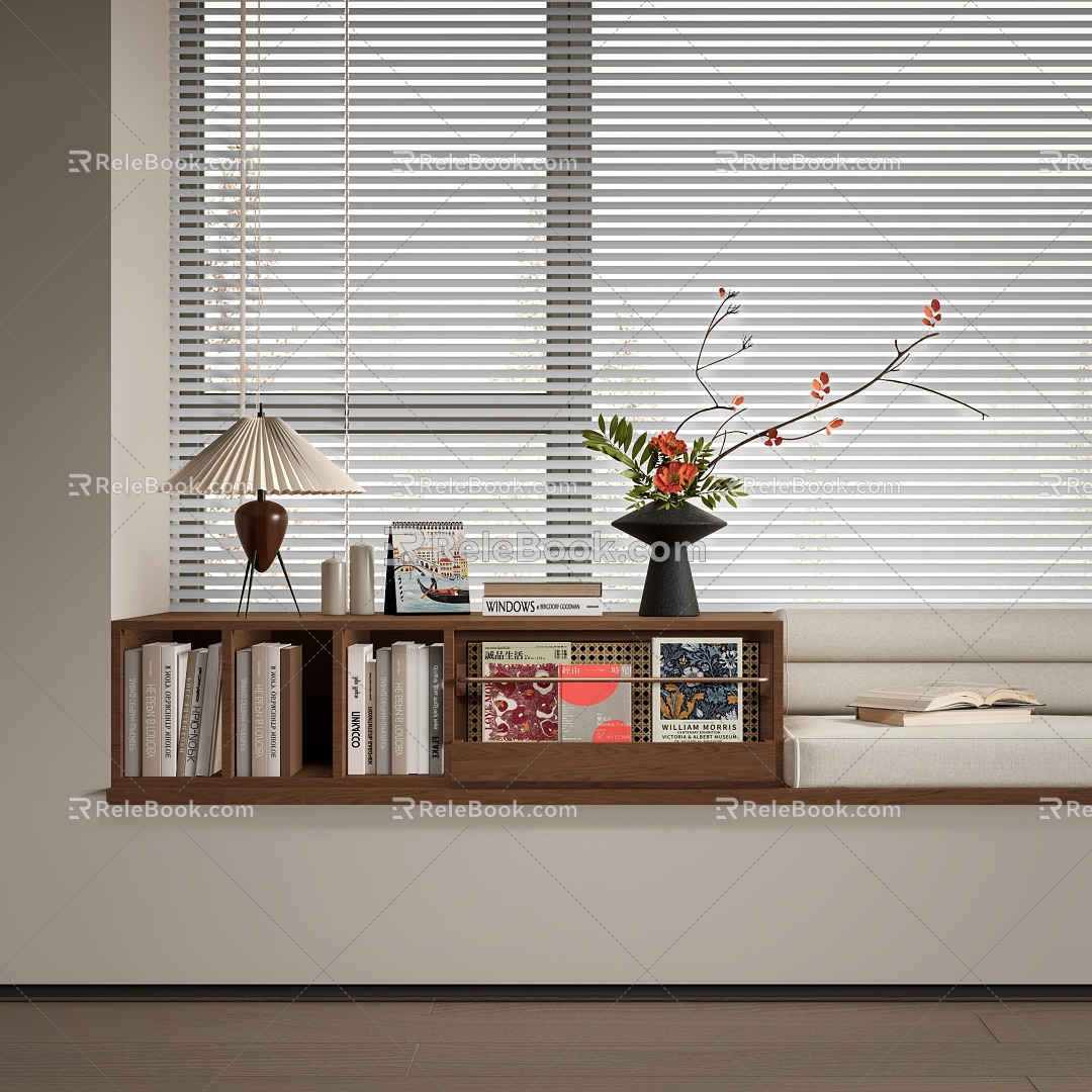 Modern Bookcase Bay Window Bookcase Bay Window Cushion Book Decoration Venetian Blinds 3d model