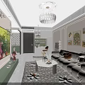 Modern Living and Dining Room Interior With White Sofa Green Walls Chandelier Decorative Paintings