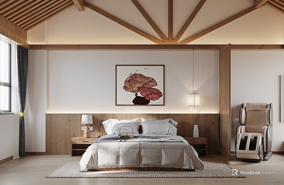 Elegant Hotel Guest Room With Wooden Ceiling Artwork Bed And Table Lamps 3d model 