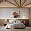 Elegant Hotel Guest Room With Wooden Ceiling Artwork Bed And Table Lamps