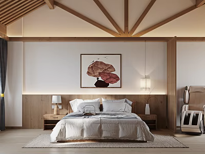 Elegant Hotel Guest Room With Wooden Ceiling Artwork Bed And Table Lamps 3d model