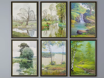 Landscape Paintings Featuring Natural Scenery With Trees River Waterfall Field And Path 3d model