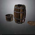 Vintage Wooden Barrels Bucket And Lid With Metal Hoops As Household Items