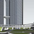 Modern Twin Tower Office Building Connected by Sky Bridge in Urban Setting With Greenery