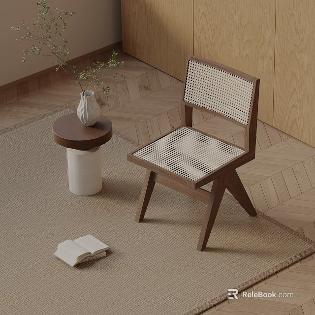 Wooden Dining Chair with Woven Backrest in Modern Room with Round Side Table and Carpet 3d model 
