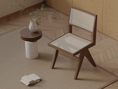 Wooden Dining Chair with Woven Backrest in Modern Room with Round Side Table and Carpet 3d model