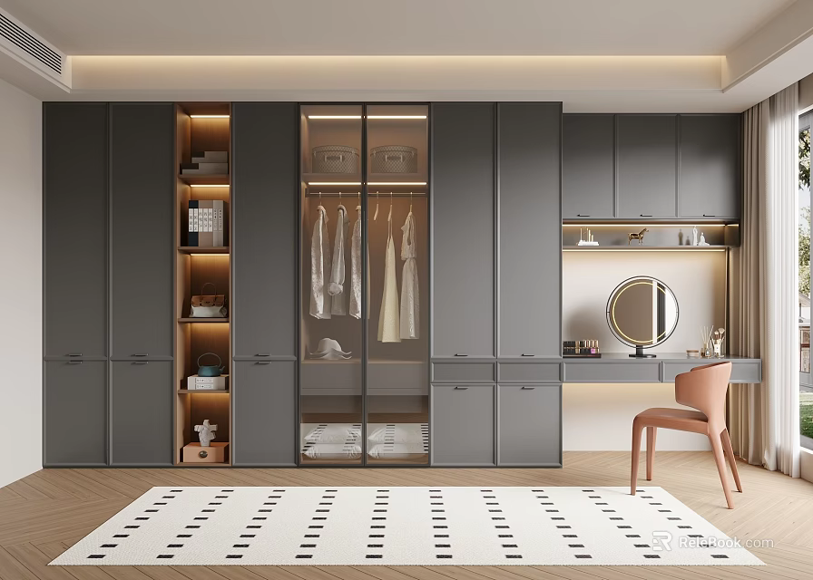 Gray Wardrobe with Glass Door Hanging Clothes Open Shelves Dressing Table and Chair Interior 3d model 