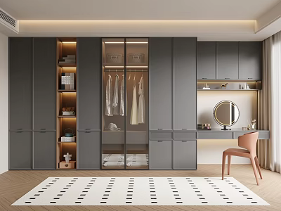 Gray Wardrobe with Glass Door Hanging Clothes Open Shelves Dressing Table and Chair Interior 3d model