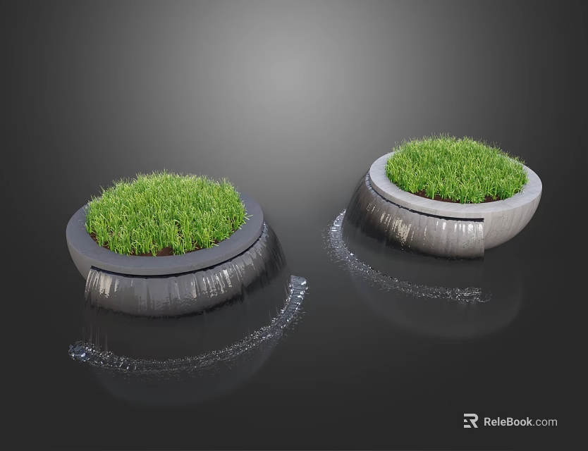 Garden Decorative Ornaments With Circular Containers Green Grass And Water Ripples 3d model 
