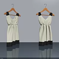 White Dresses With Black Decorations On Wooden Hangers Against Gray Walls And Floor With Reflections