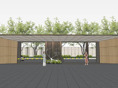 Modern Entrance Gate Design With Green Trees Wooden Walls And Paved Ground 3d model