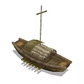 Traditional Handmade Wooden Boat With Mast Thatched Roof And Hull Structure