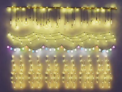 Warm Yellow and Colorful Decorative String and Hanging Lights in Various Styles 3d model