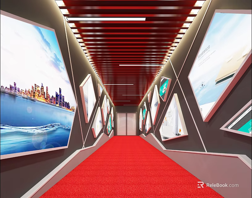 Elevator Hallway With Red Carpet Display Screens City Skyline And Seaside Views 3d model 