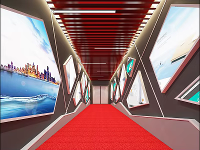 Elevator Hallway With Red Carpet Display Screens City Skyline And Seaside Views 3d model
