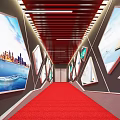 Elevator Hallway With Red Carpet Display Screens City Skyline And Seaside Views