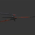 Crossed Swords With Red Wrapped Handles And Metal Blades On Gray Surface