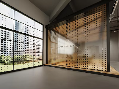 Modern Design Studio Interior With Perforated Wooden Partition Large Windows And City View 3d model