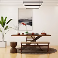 Natural Wooden Tea Table with Tea Set Vase Bench and Stool on Round Rug