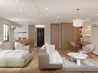 Modern Apartment Interior With Open Design Living Room Sofa Bedroom Wooden Floor And Hanging Lamp 3d model