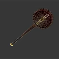 Ancient Serrated Weapon with Long Wooden Handle and Decorative Textured Design