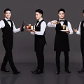 Group of Professional Male Waiters in Black Vests Serving Drinks on Trays